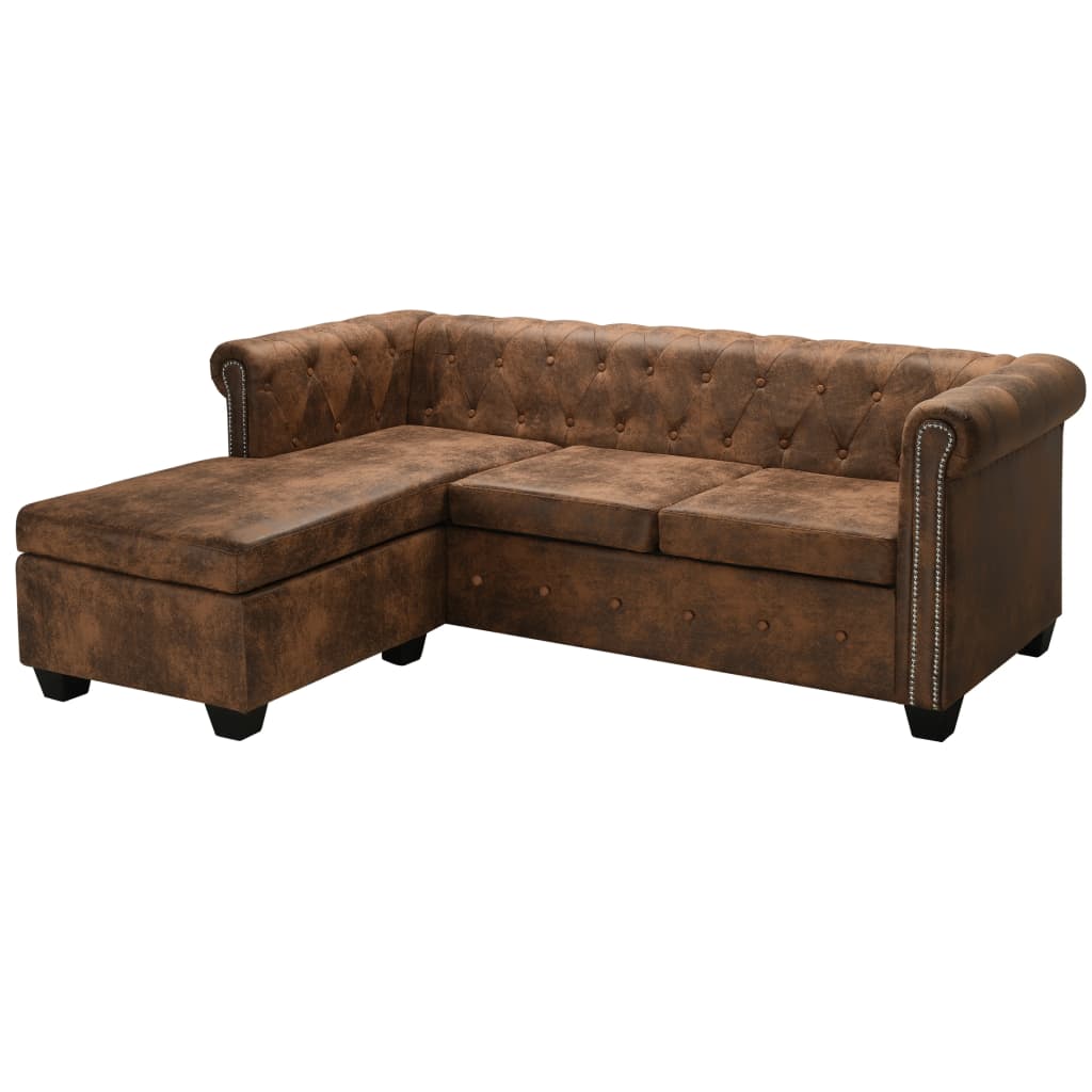 NNEVL L-shaped Chesterfield Sofa Artificial Suede Leather Brown-0