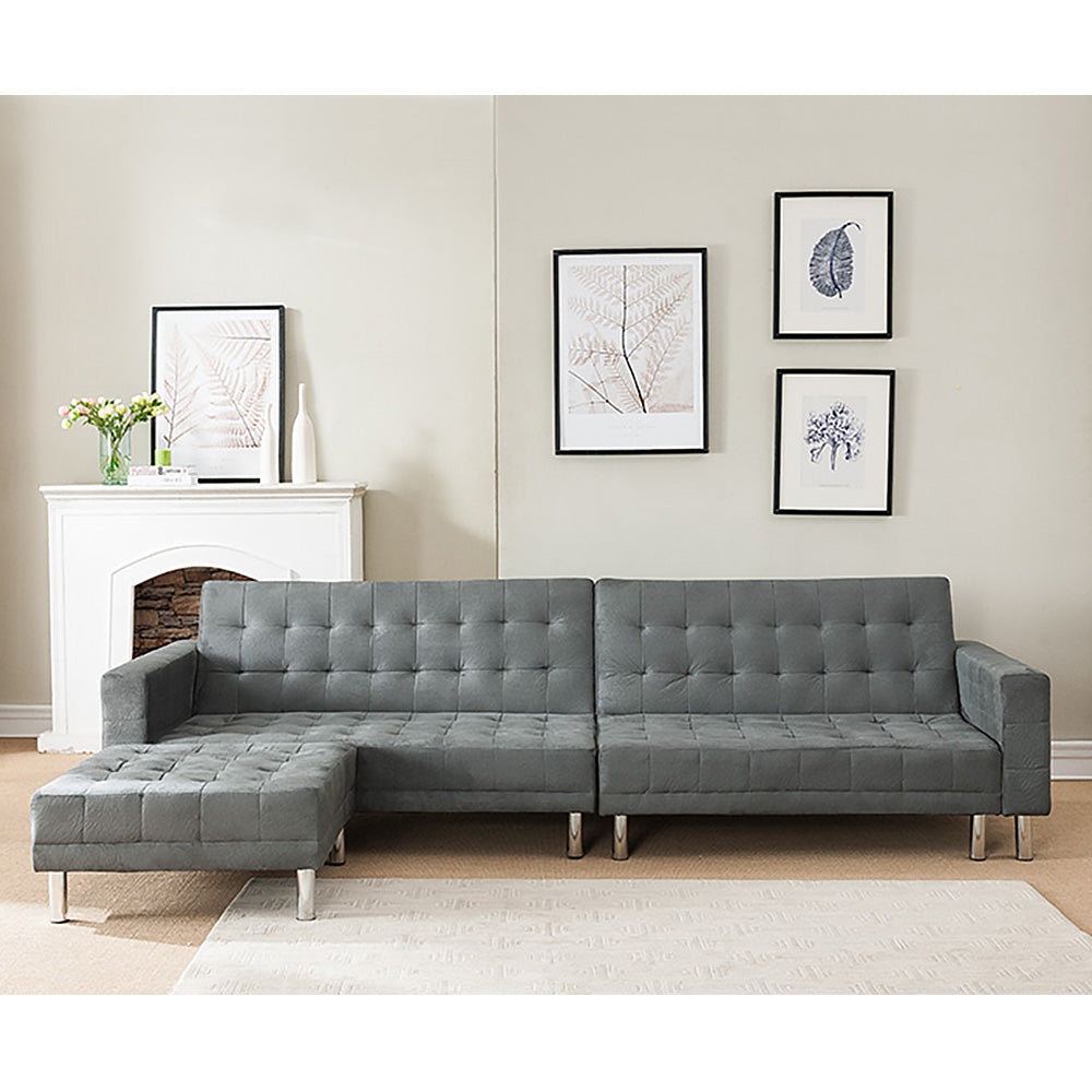 NNEDPE Sarantino Faux Velvet Corner Wooden Sofa Bed Couch with Chaise - Grey-0
