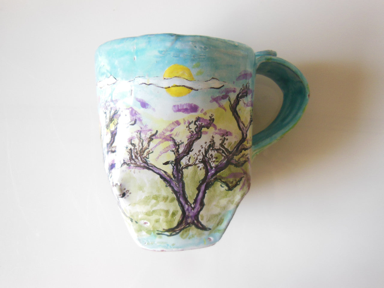 Tamara S Gordon Ceramics. Pastel hand painted trees on giant mug